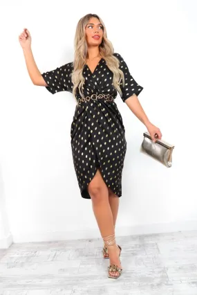 Cocktail OClock - Black Gold Foil Spot Midi Dress