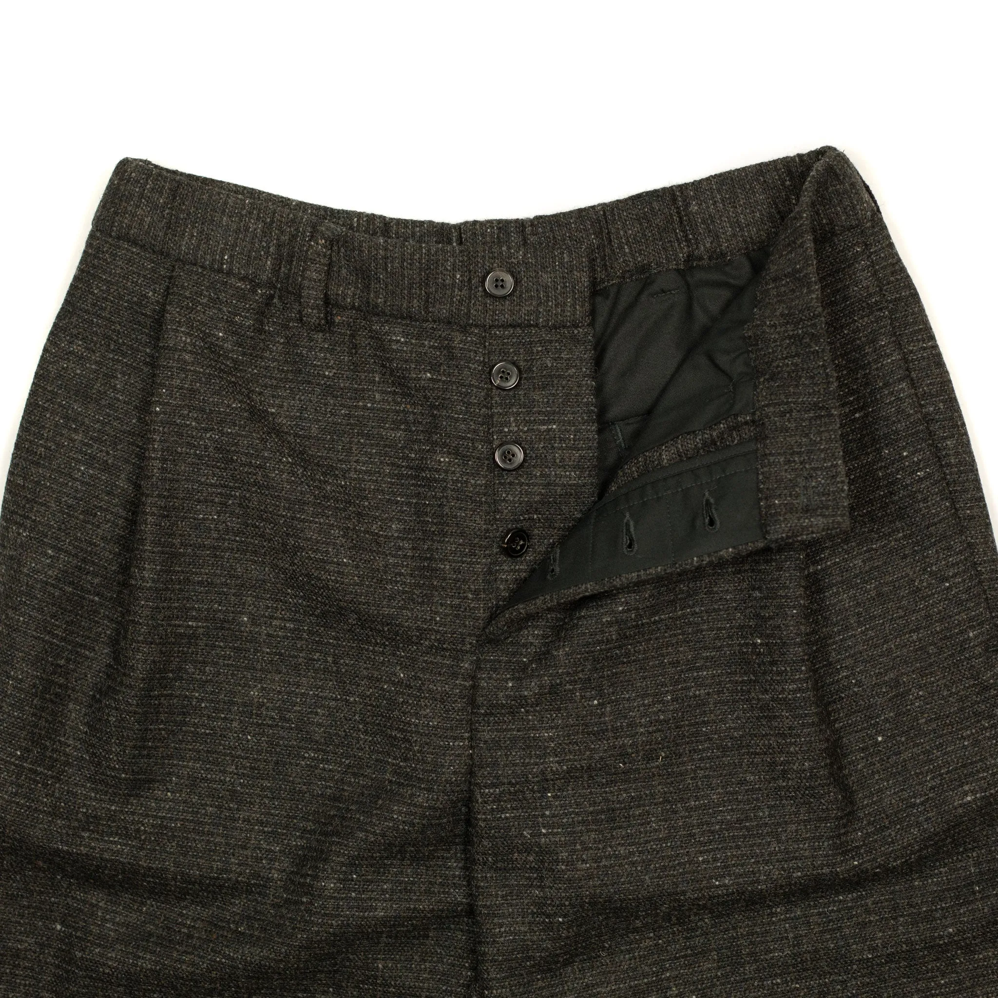 Combing easy pants in charcoal, brown and black Donegal grid wool