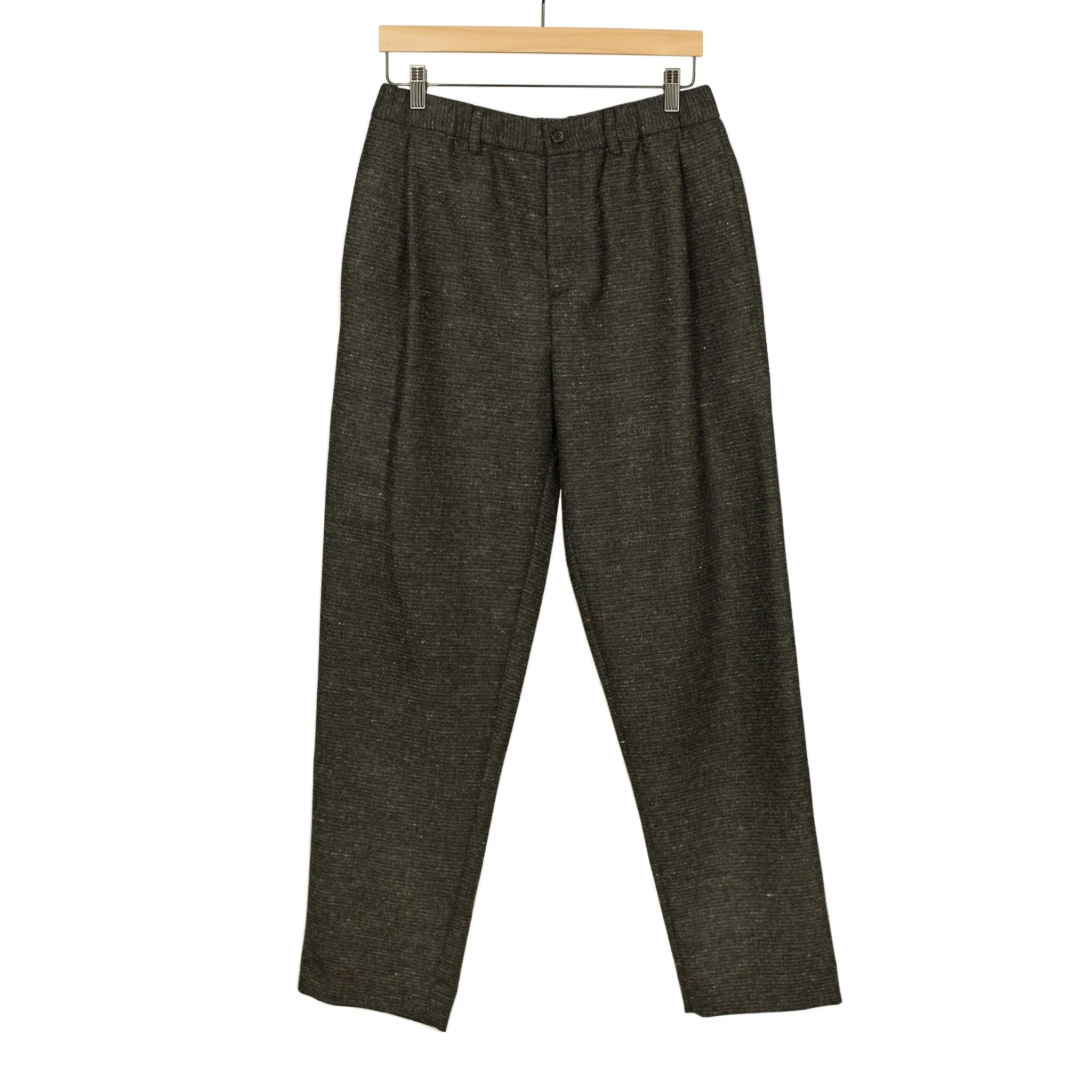 Combing easy pants in charcoal, brown and black Donegal grid wool