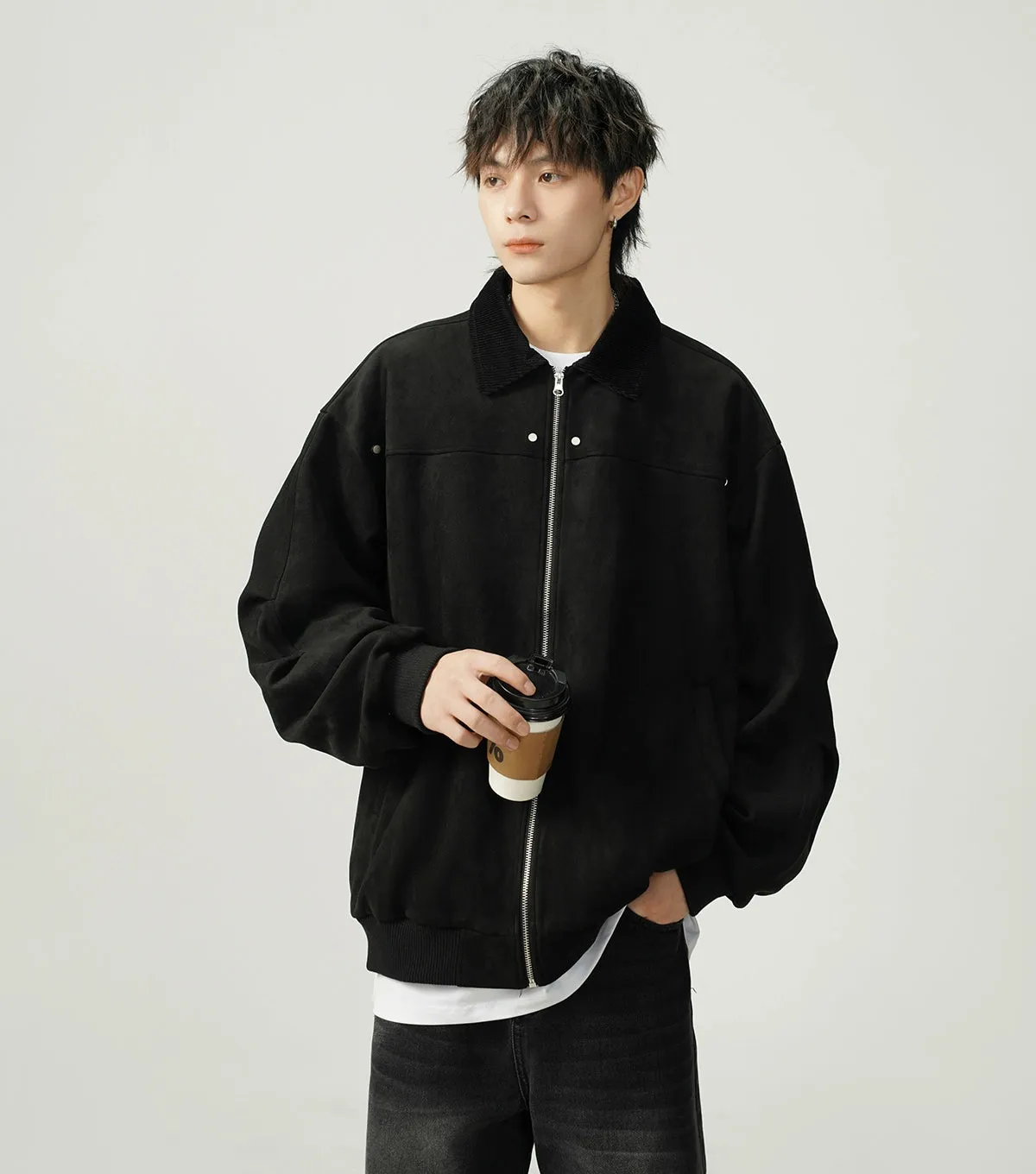 Contrast Collar Suede Panelled Bomber Jacket