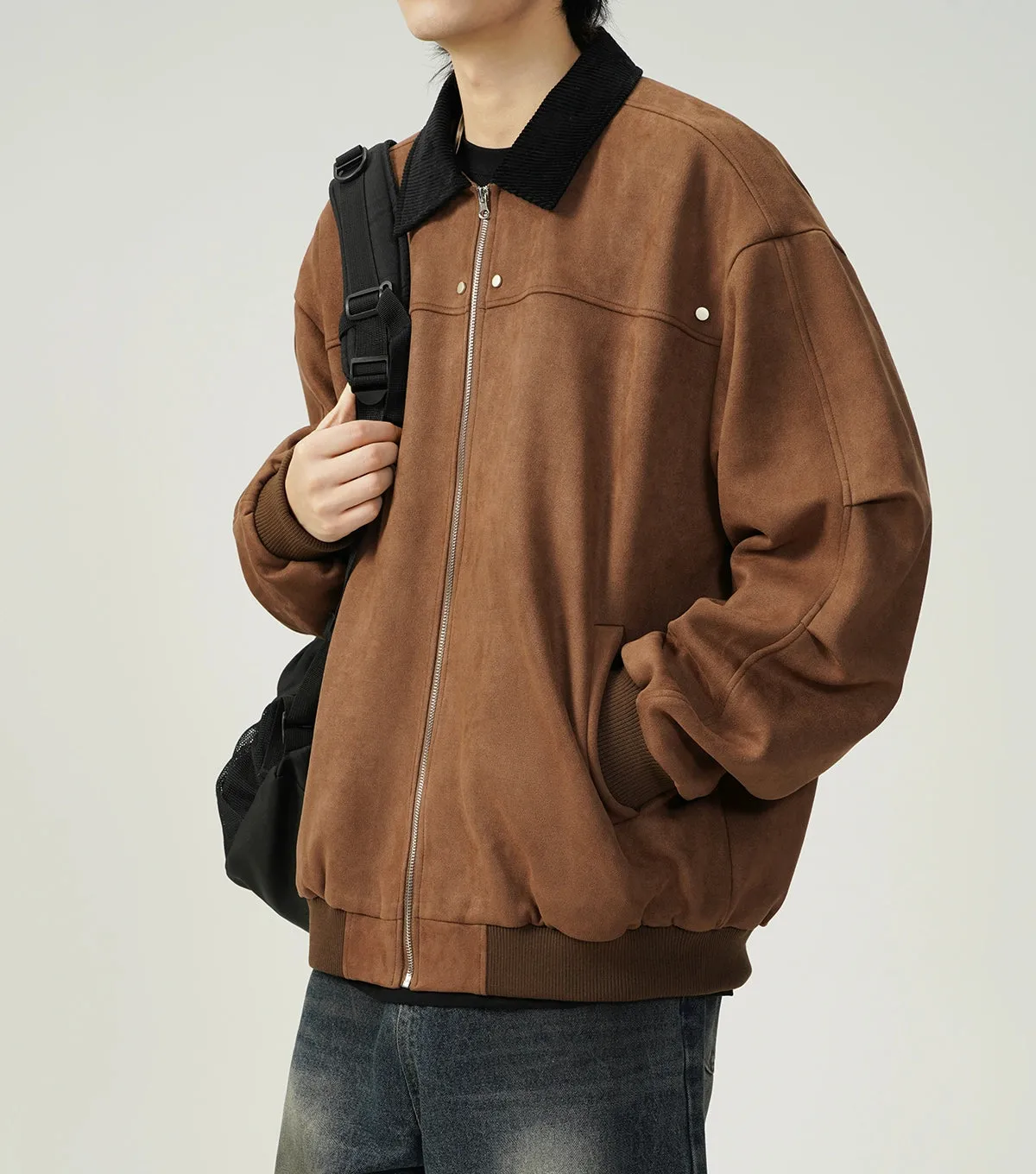 Contrast Collar Suede Panelled Bomber Jacket