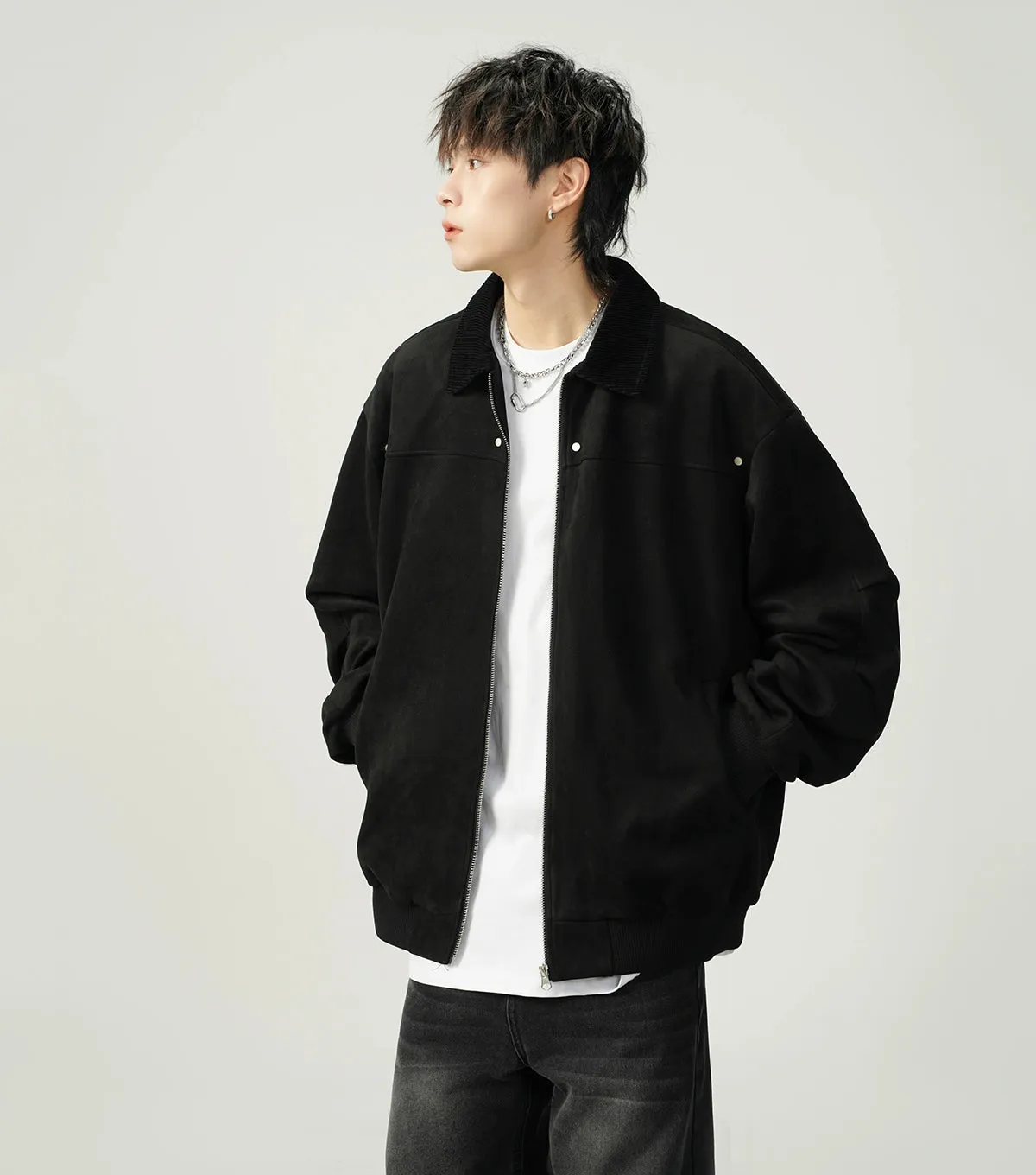 Contrast Collar Suede Panelled Bomber Jacket