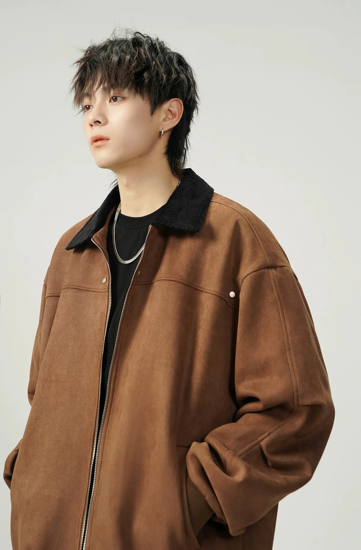 Contrast Collar Suede Panelled Bomber Jacket