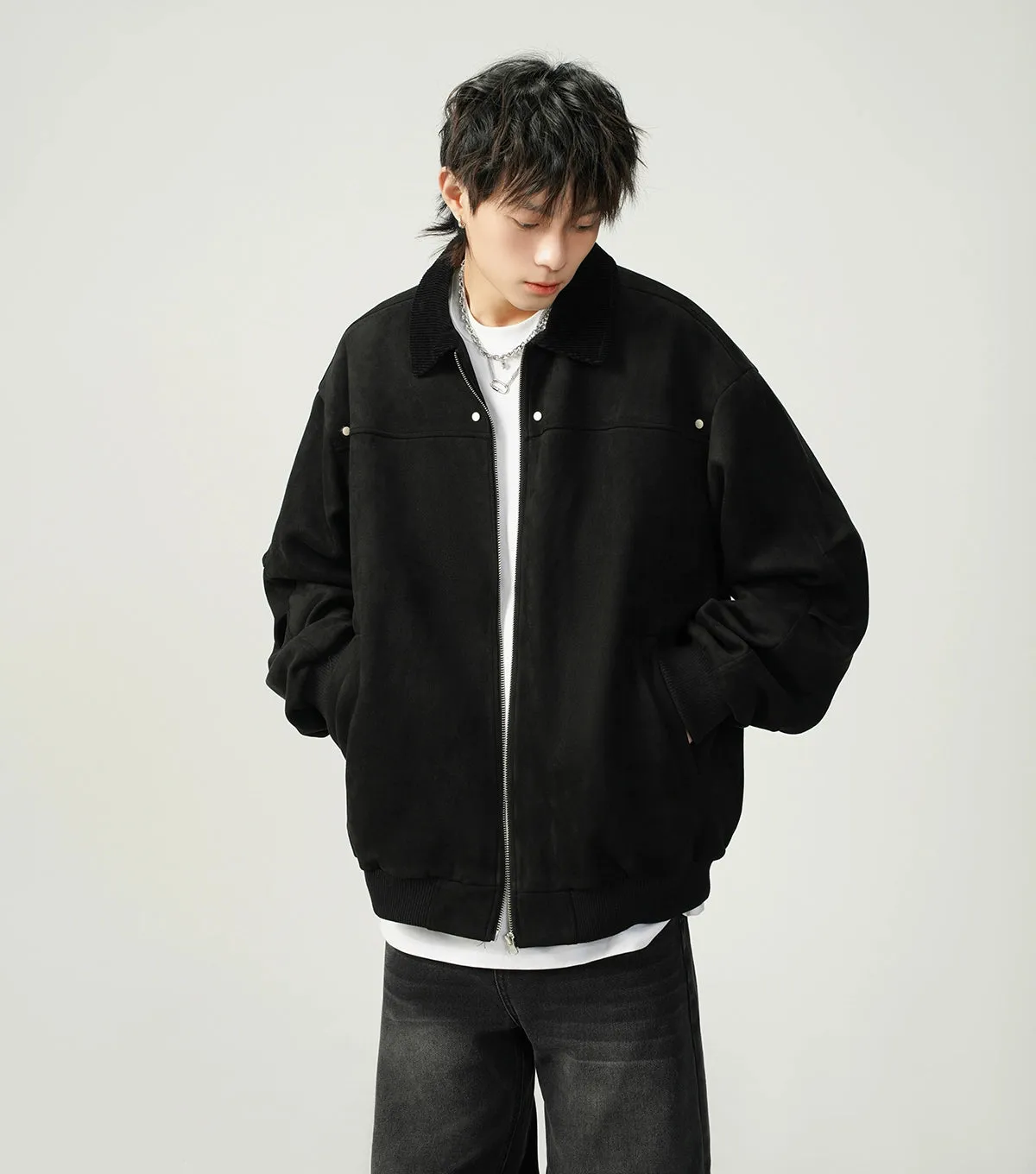 Contrast Collar Suede Panelled Bomber Jacket