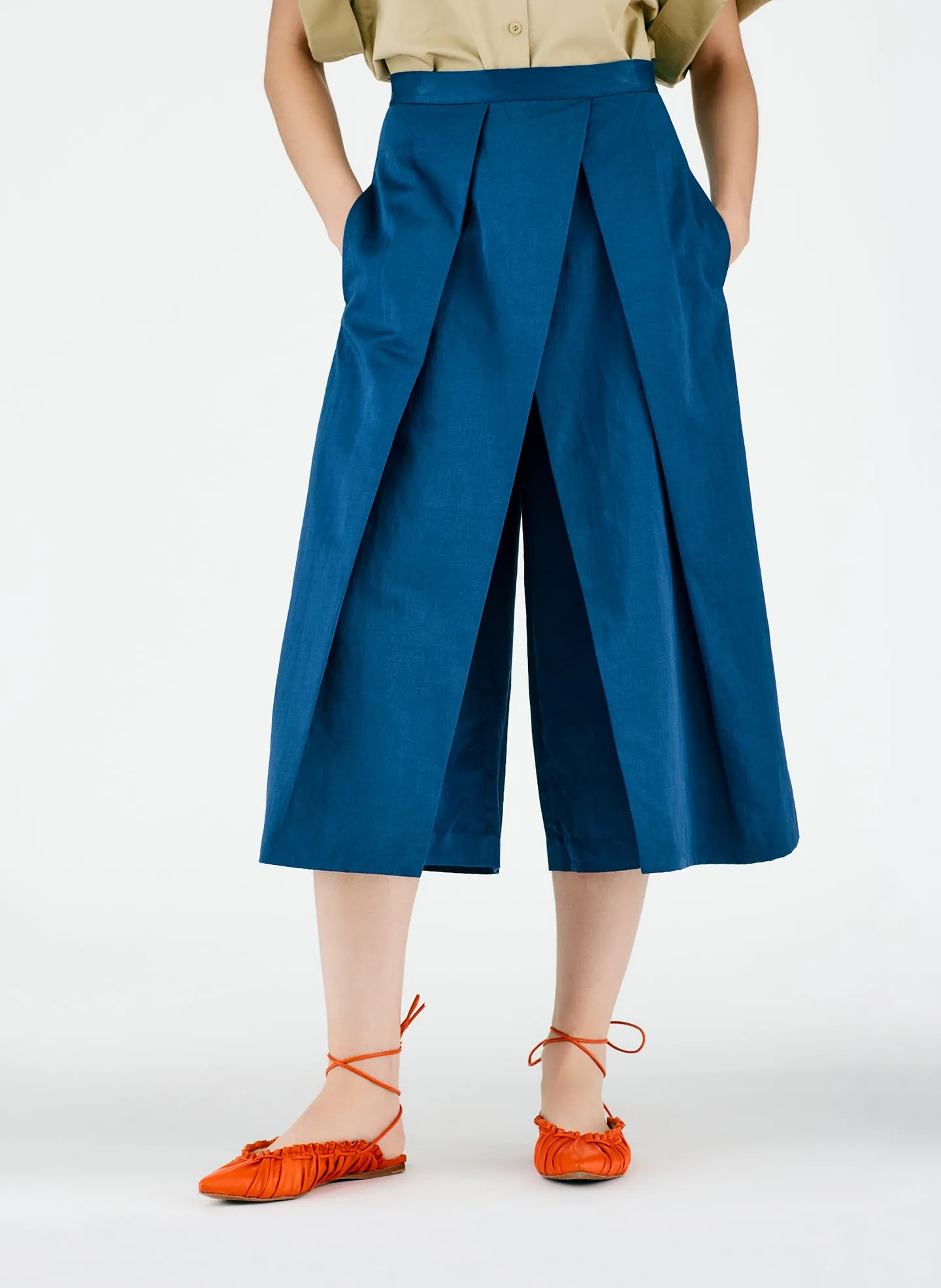 Cotton Linen Sateen Pleat Culotte