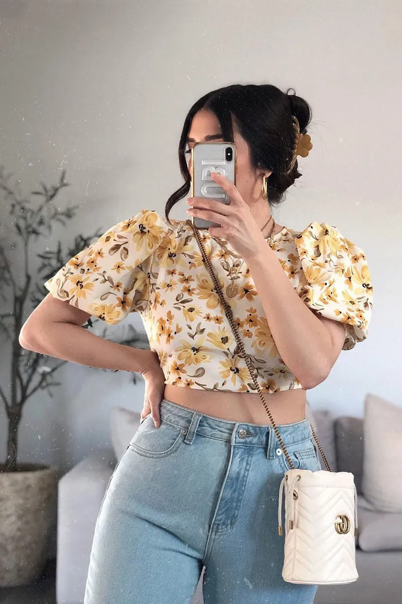 Cream Floral Puff Sleeve Cut Out Crop Top - Perla