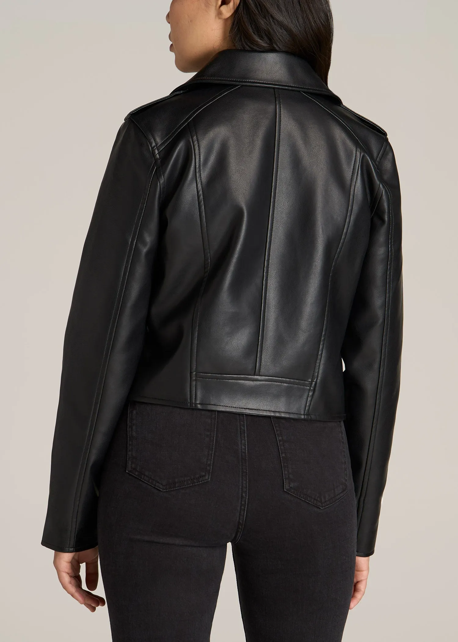 Cropped Faux Leather Moto Jacket for Tall Women in Black