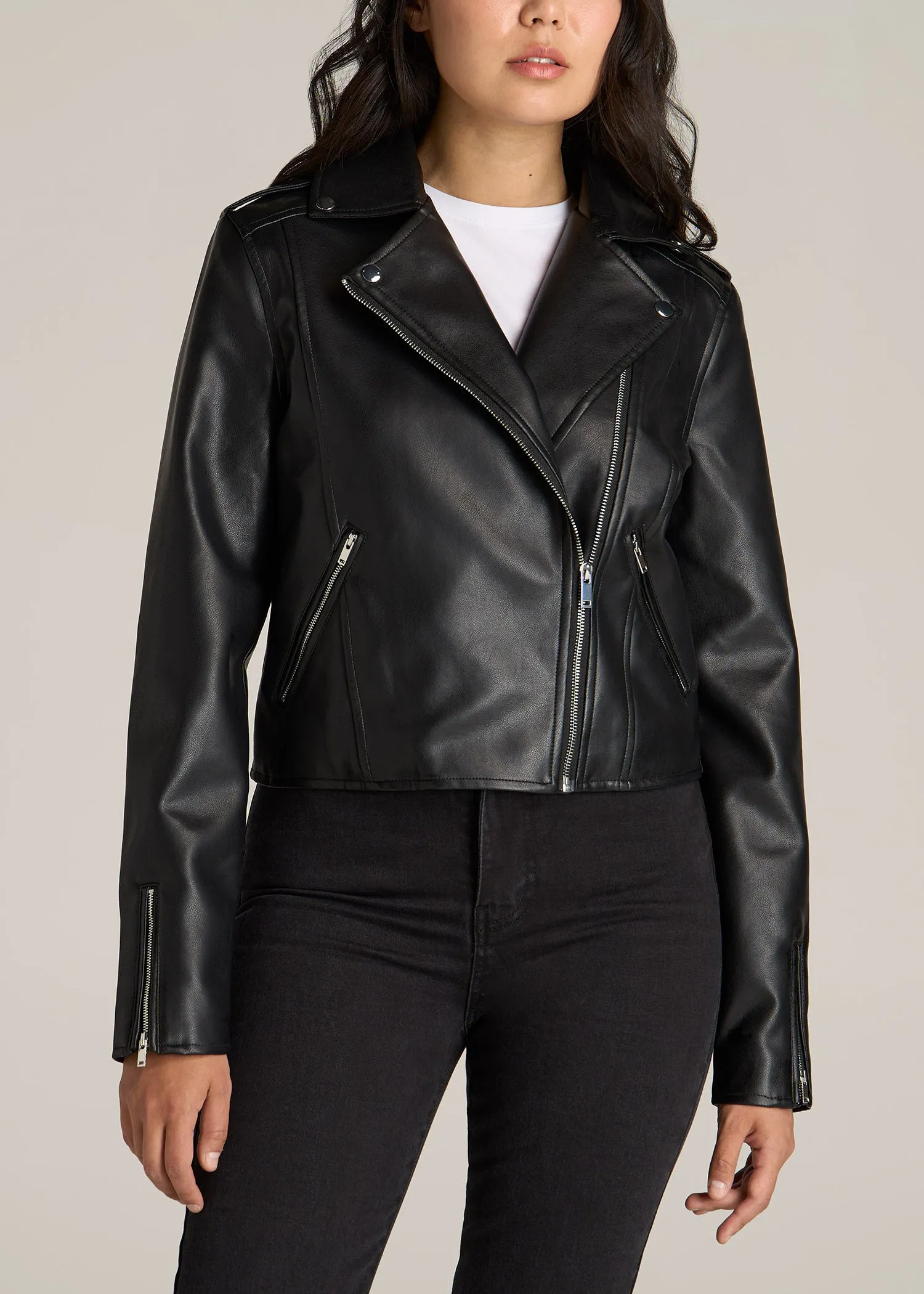 Cropped Faux Leather Moto Jacket for Tall Women in Black