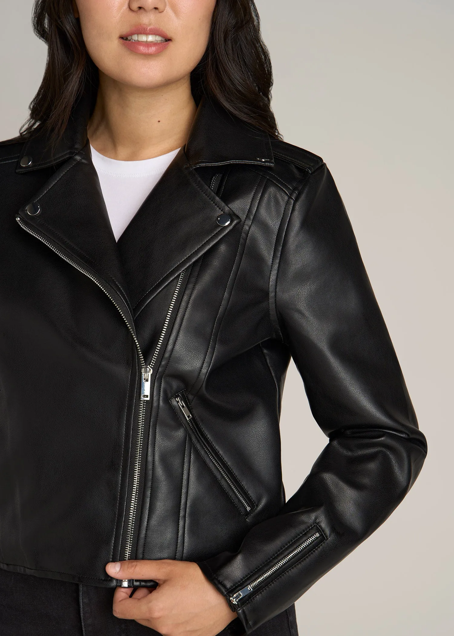 Cropped Faux Leather Moto Jacket for Tall Women in Black