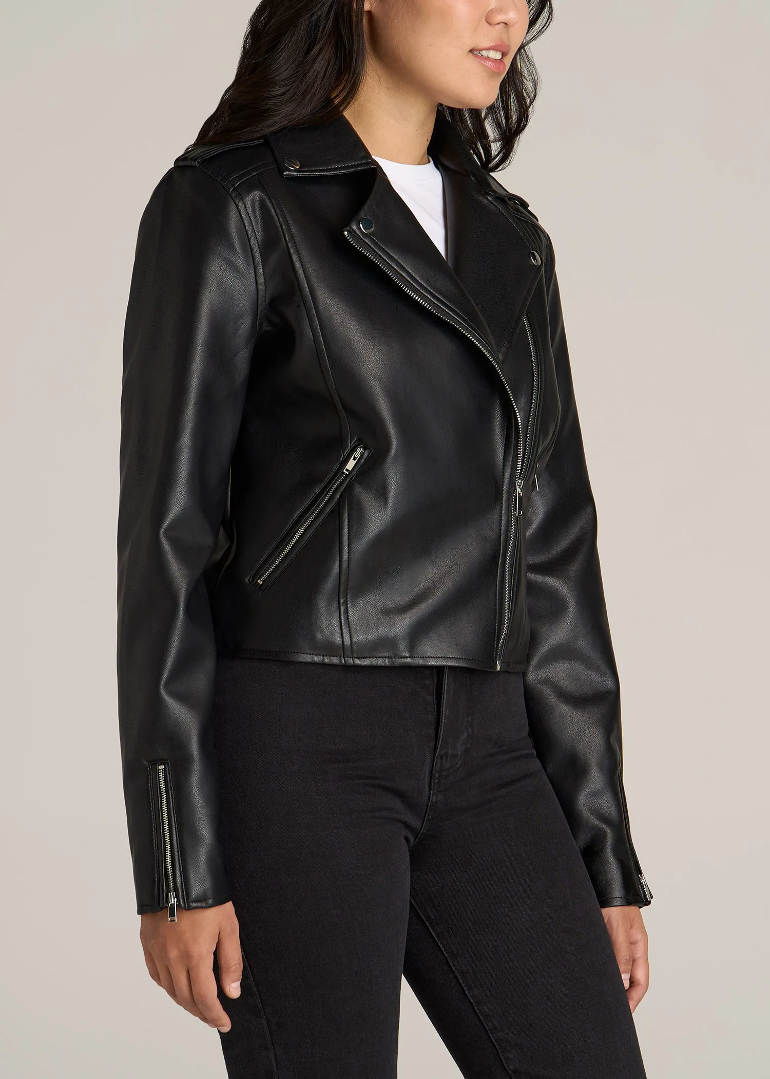 Cropped Faux Leather Moto Jacket for Tall Women in Black