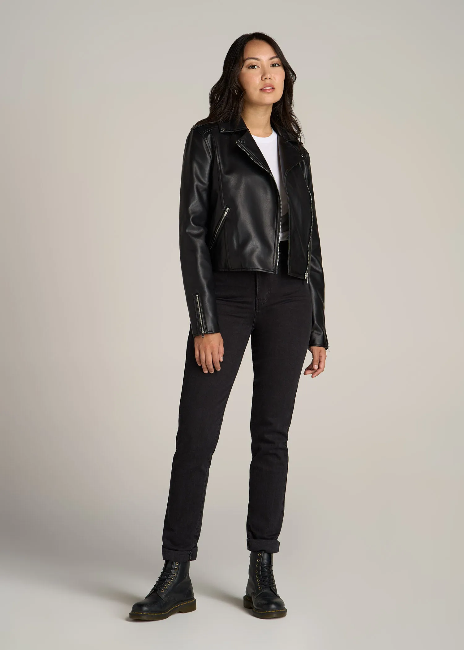 Cropped Faux Leather Moto Jacket for Tall Women in Black