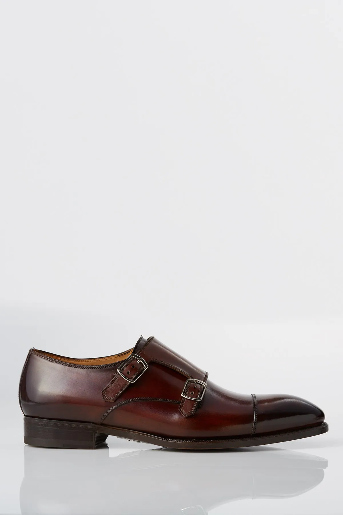 David August Leather Cap Toe Double Monk-strap Shoes in Whiskey Brown