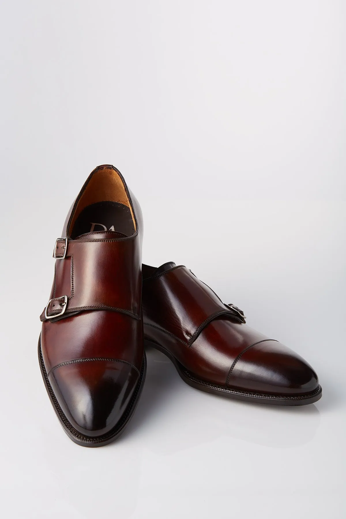 David August Leather Cap Toe Double Monk-strap Shoes in Whiskey Brown