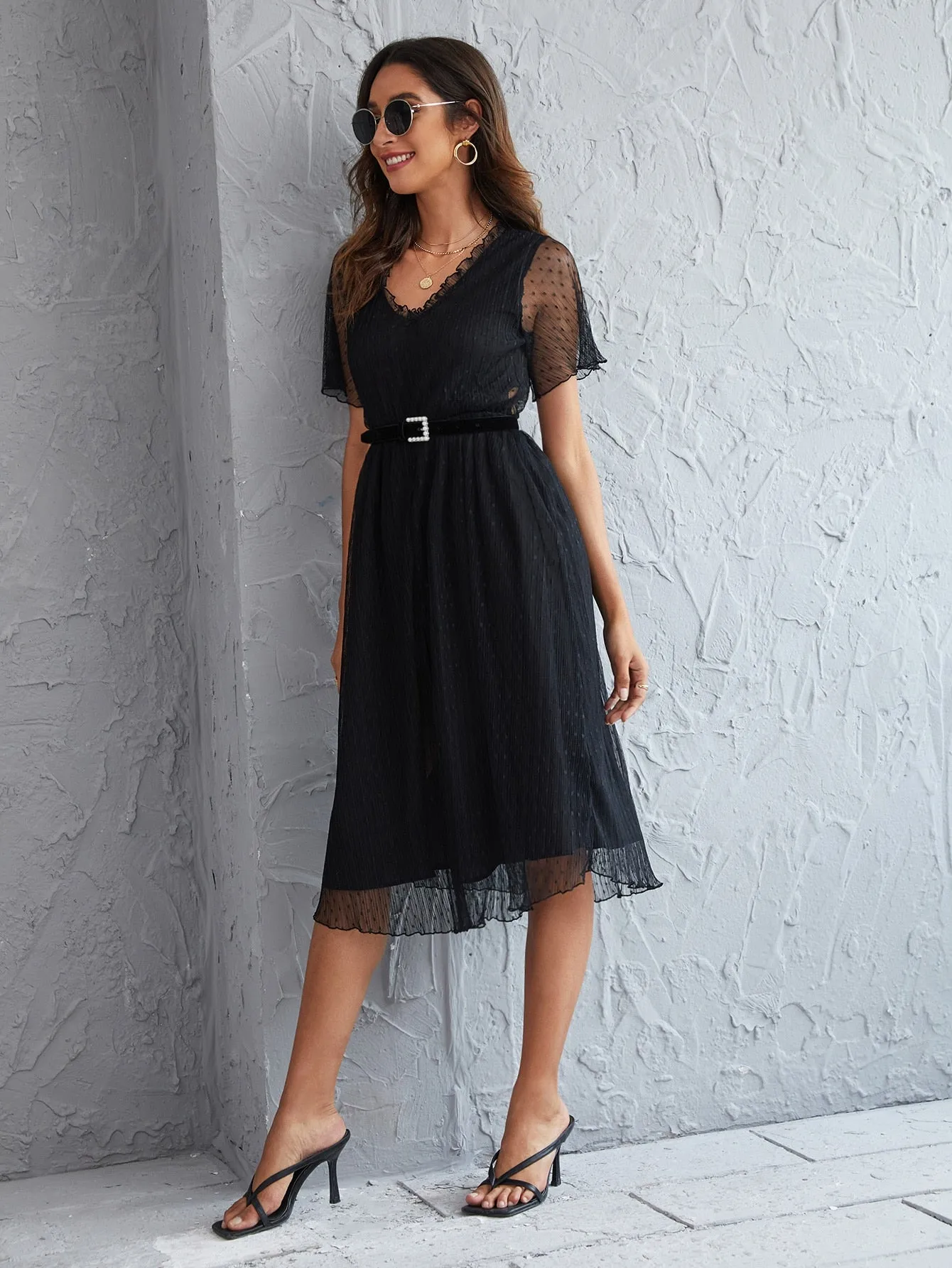 Dobby Mesh Overlay Frill Belted A-line Dress