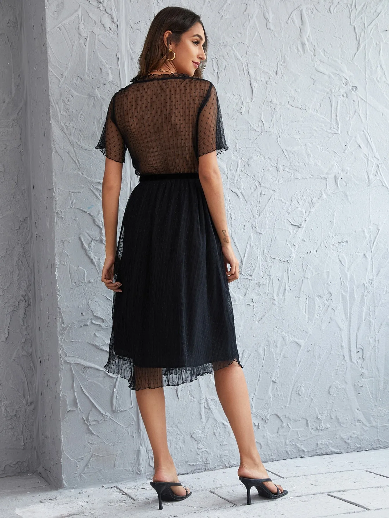 Dobby Mesh Overlay Frill Belted A-line Dress