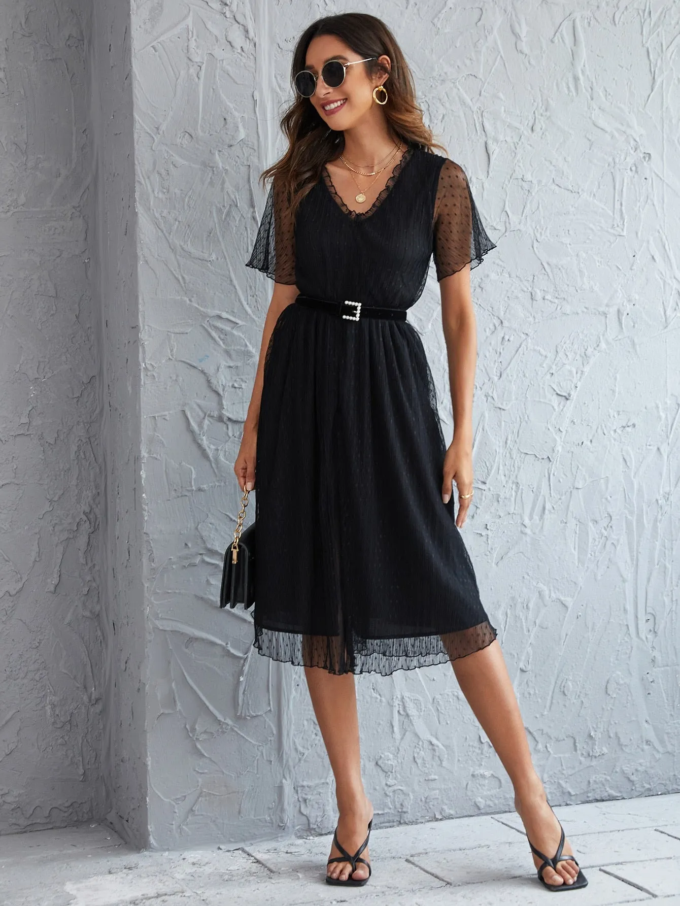 Dobby Mesh Overlay Frill Belted A-line Dress