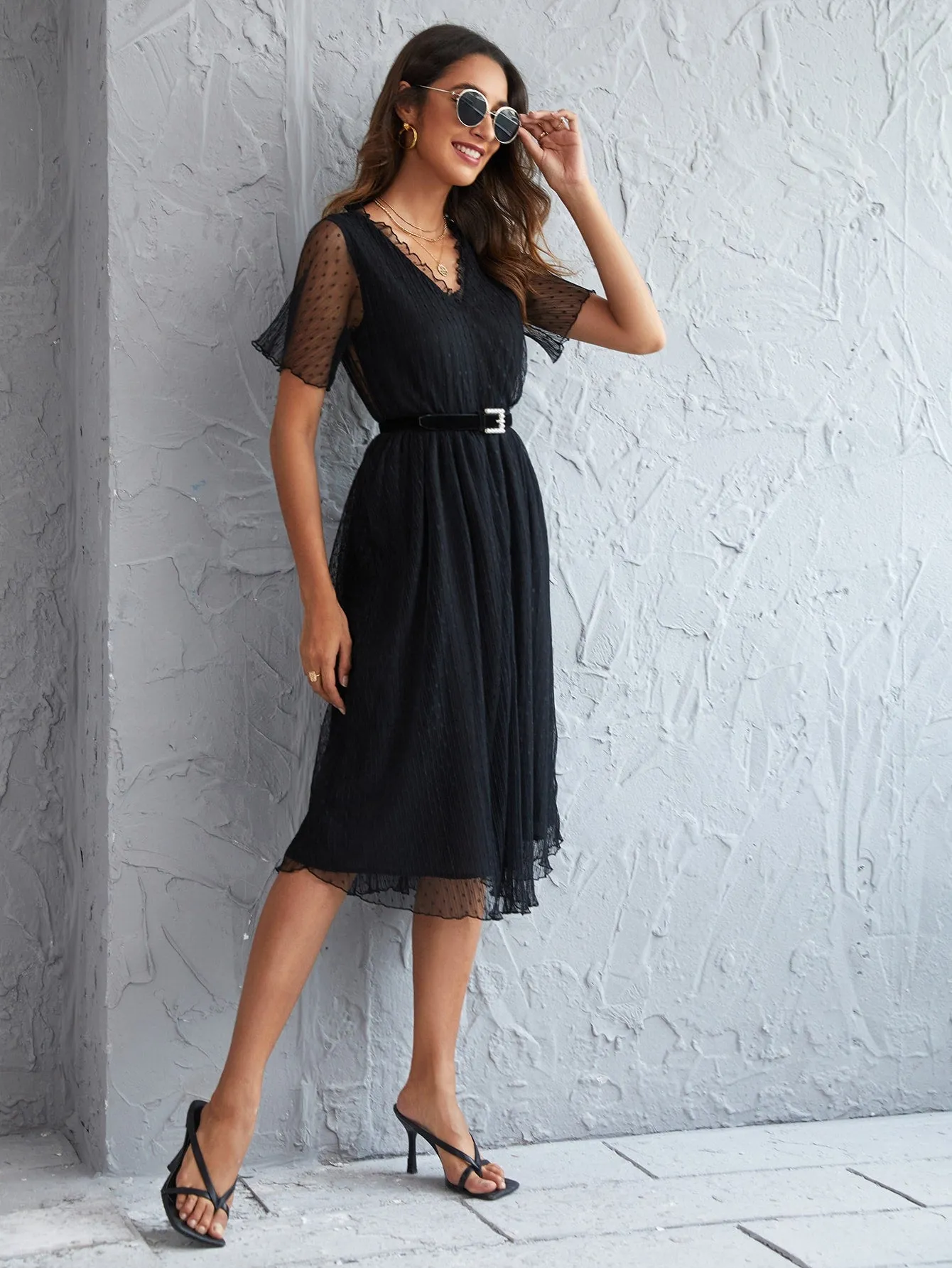 Dobby Mesh Overlay Frill Belted A-line Dress