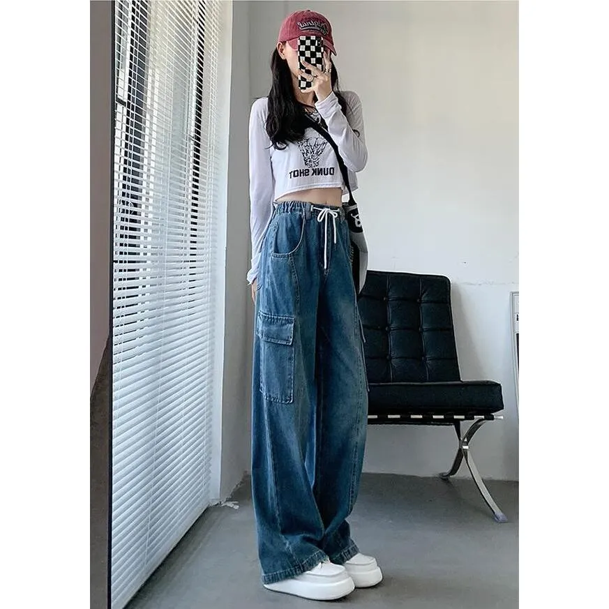 Drawstring Straight Leg Patched Pocket Elastic Waist Jeans