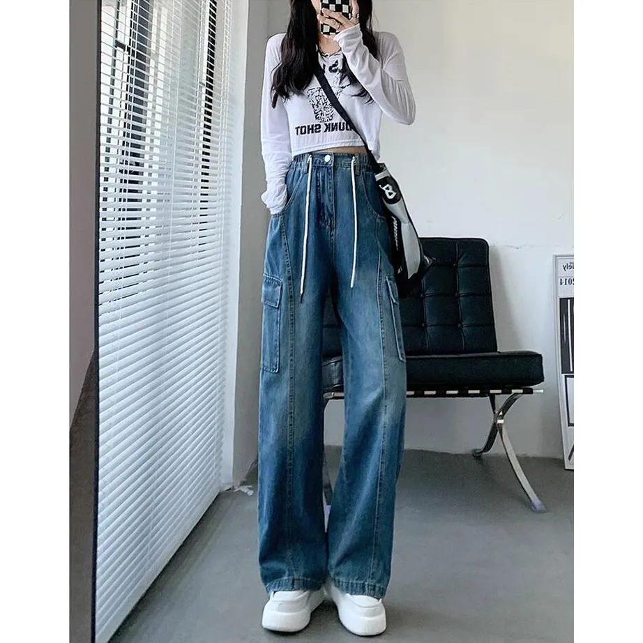 Drawstring Straight Leg Patched Pocket Elastic Waist Jeans