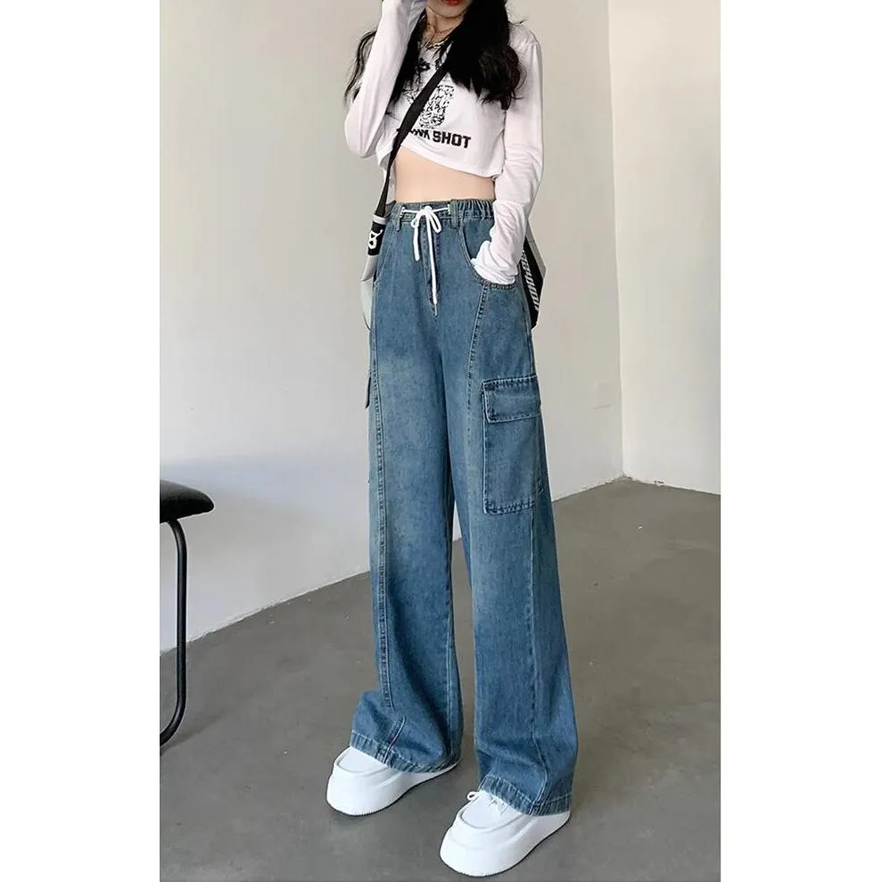 Drawstring Straight Leg Patched Pocket Elastic Waist Jeans