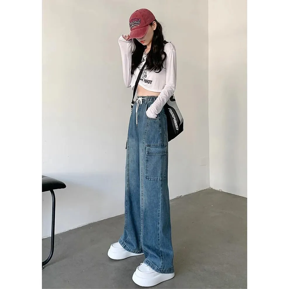 Drawstring Straight Leg Patched Pocket Elastic Waist Jeans