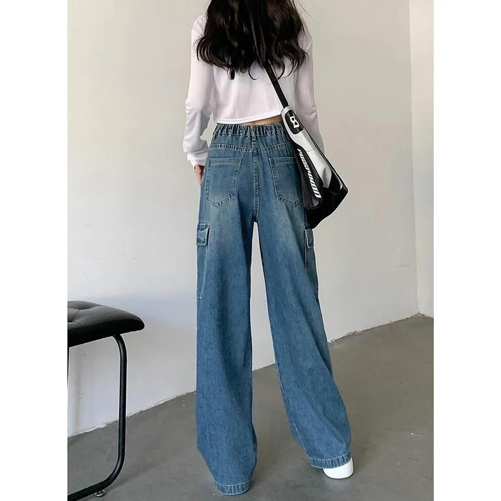 Drawstring Straight Leg Patched Pocket Elastic Waist Jeans