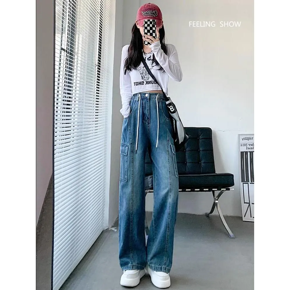 Drawstring Straight Leg Patched Pocket Elastic Waist Jeans