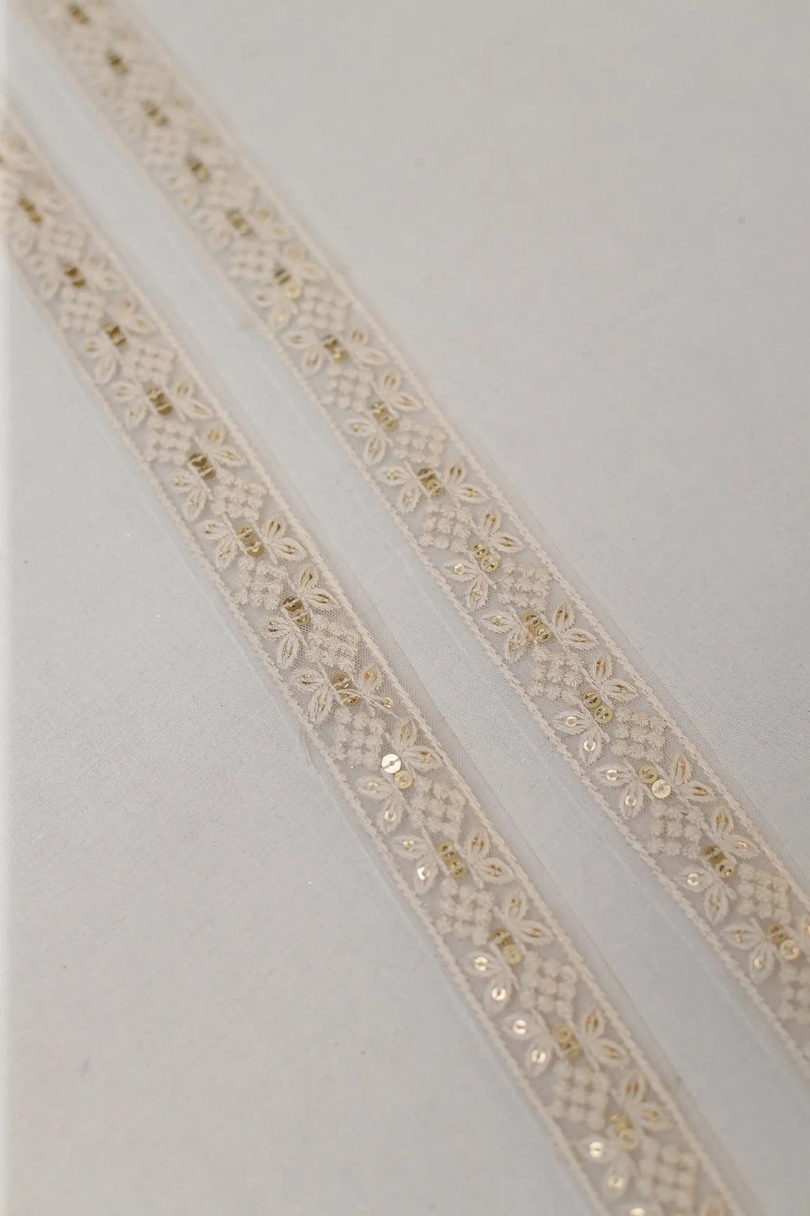 Dyeable White Thread Work With Gold Sequins Embroidered Lace (9 Meters)