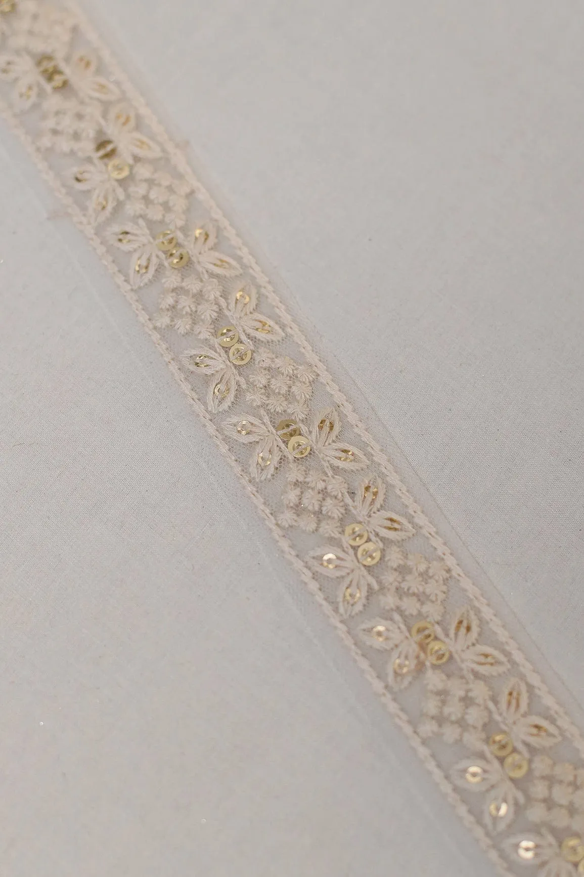 Dyeable White Thread Work With Gold Sequins Embroidered Lace (9 Meters)