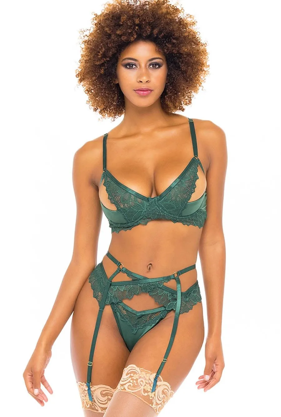 Emerald Green 3 Piece Satin Open Bra & Garterbelt Set