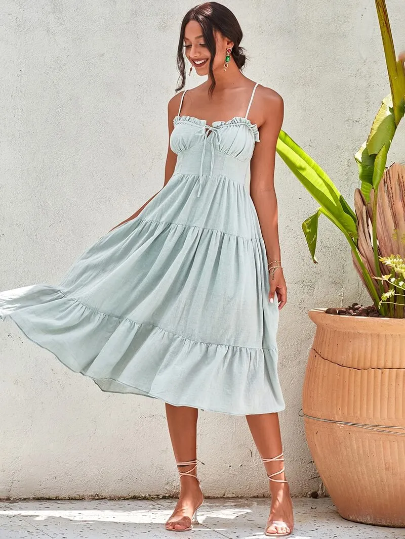 Estrid Pale Green Ruffle Midi Summer Dress