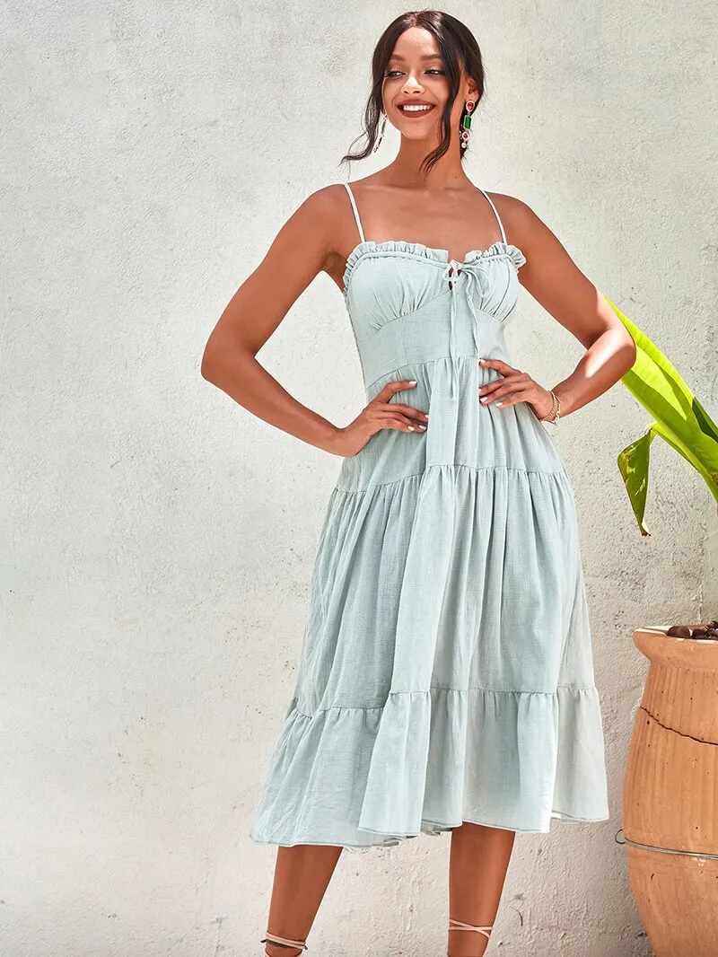 Estrid Pale Green Ruffle Midi Summer Dress