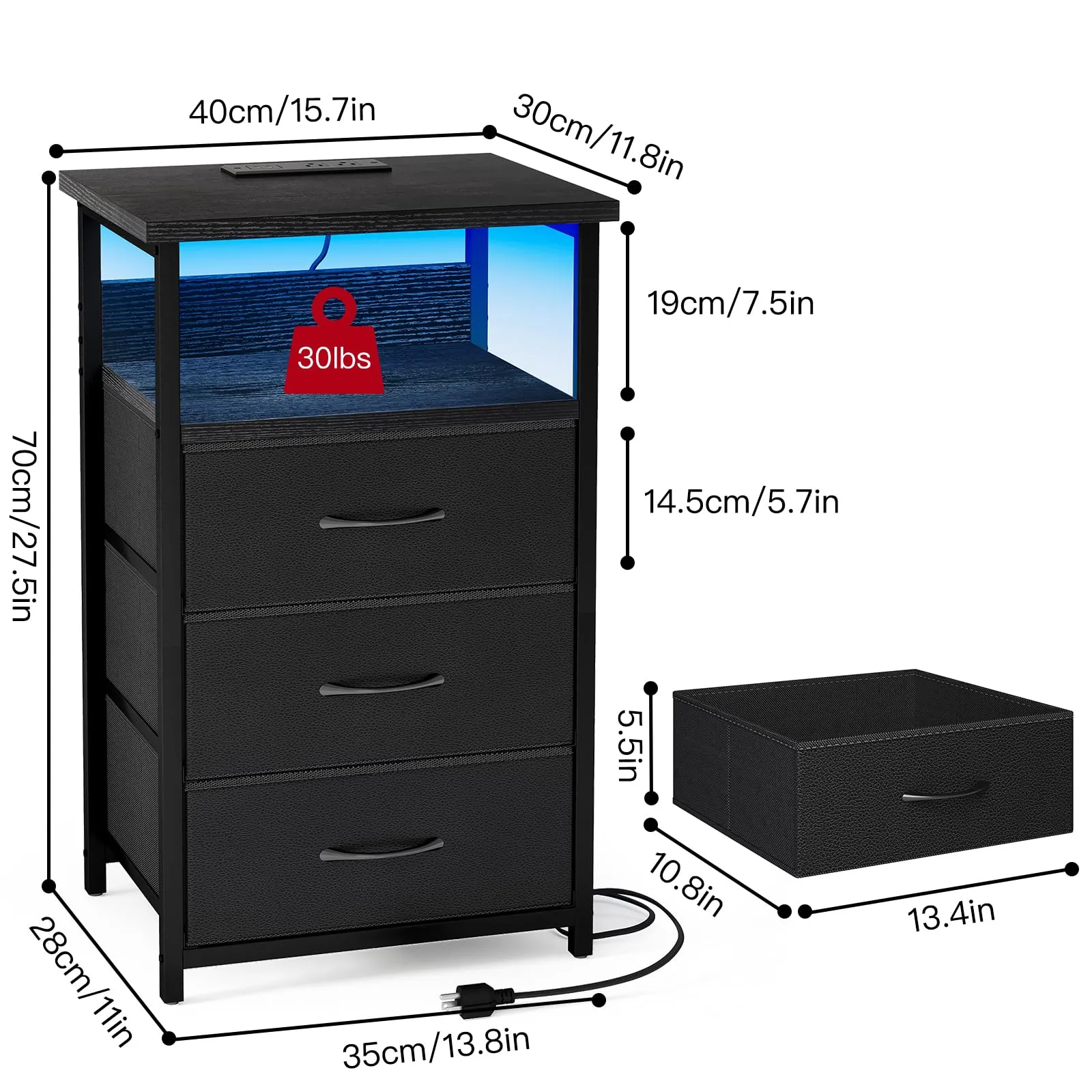 Fixwal Night Stand with Charging Station, LED Nightstand with U-S-B Ports and Outlets, 3 Fabric Storage Drawers with PU Finish, Bedside Table, Black