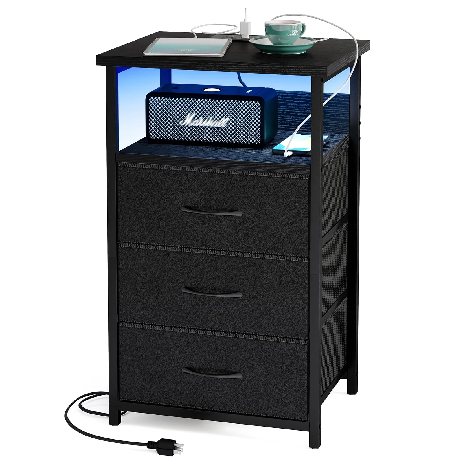 Fixwal Night Stand with Charging Station, LED Nightstand with U-S-B Ports and Outlets, 3 Fabric Storage Drawers with PU Finish, Bedside Table, Black