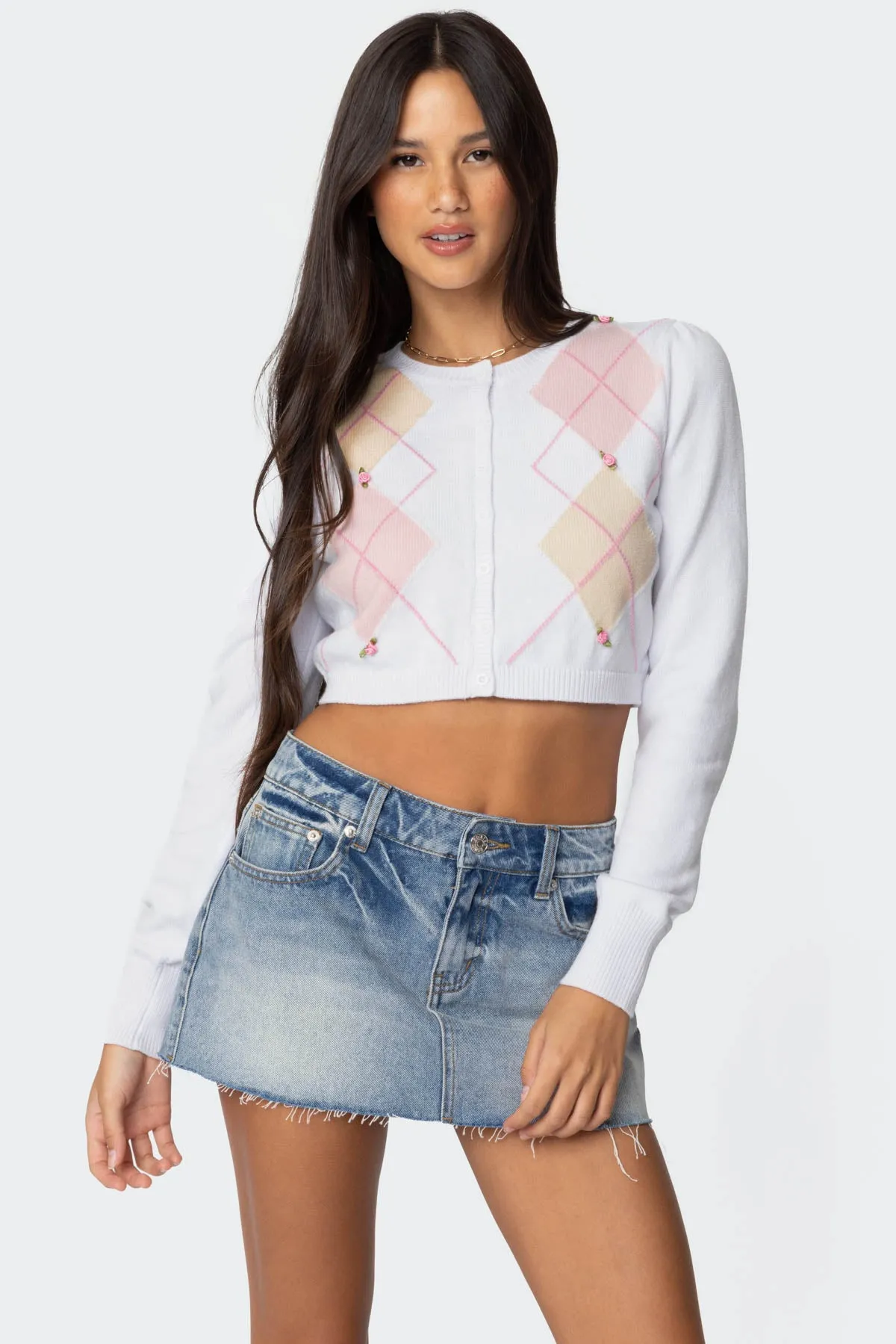 Francis Cropped Argyle Knit Cardigan