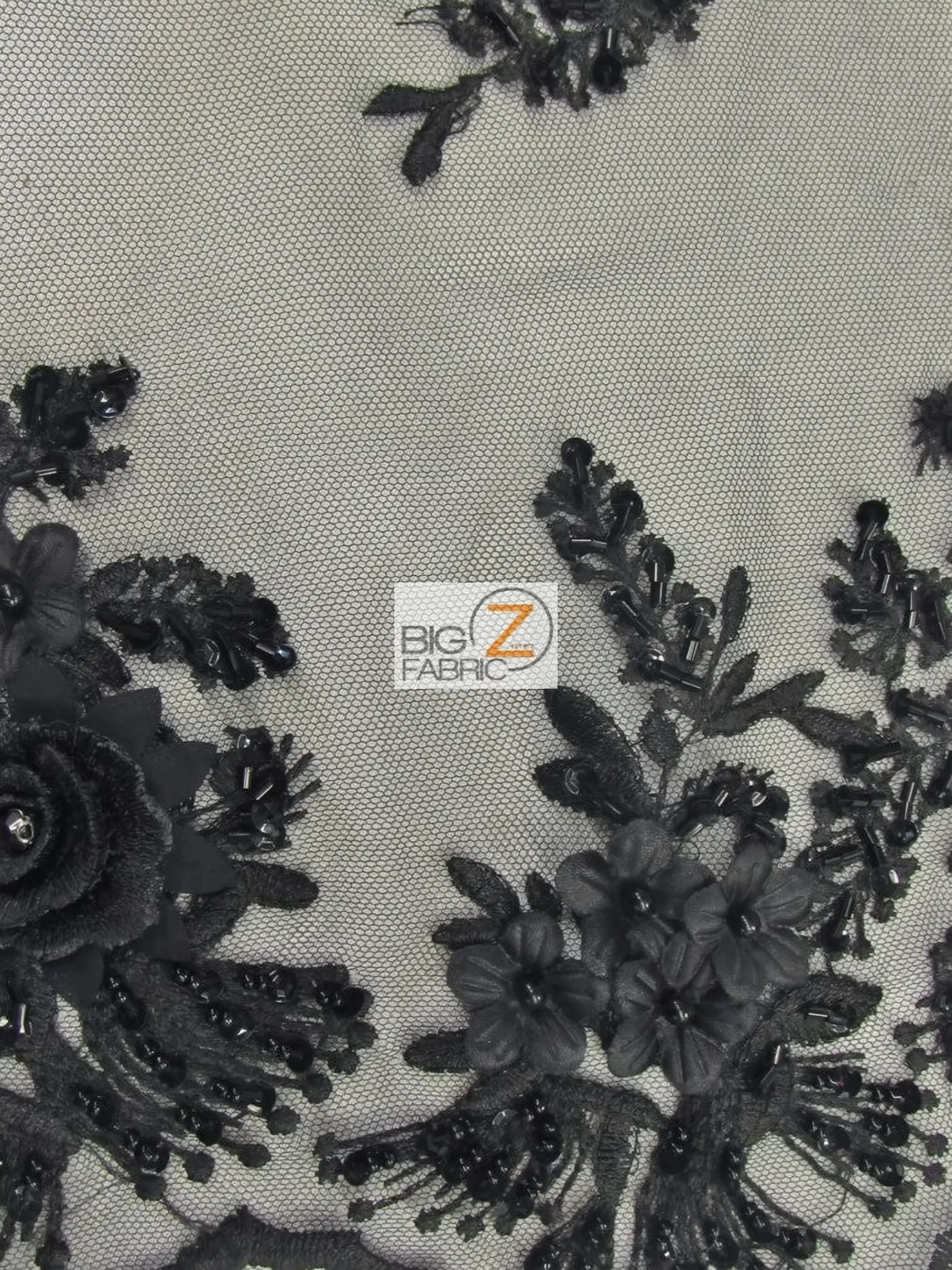 French Floral 3D Beaded Sequins Fabric / Black / Sold By The Yard