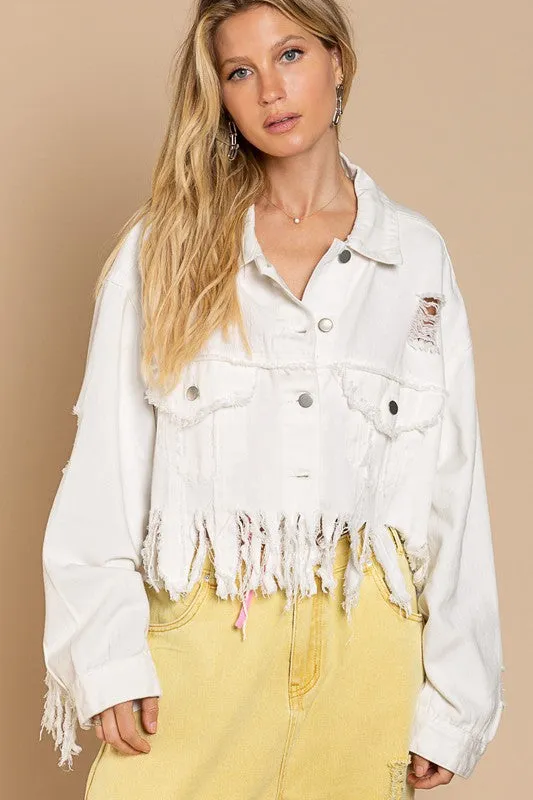 Fringe Distressed Crop Denim Jacket