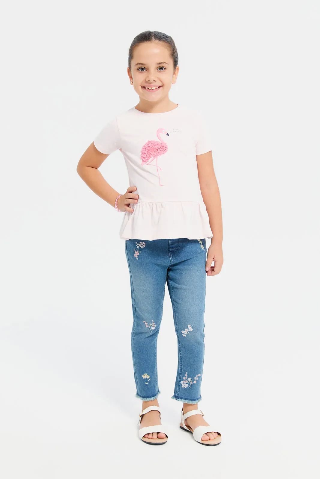 Girls Apricot Flamingo Embroidered T-Shirt