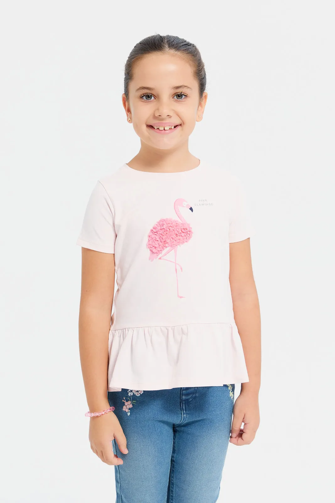 Girls Apricot Flamingo Embroidered T-Shirt