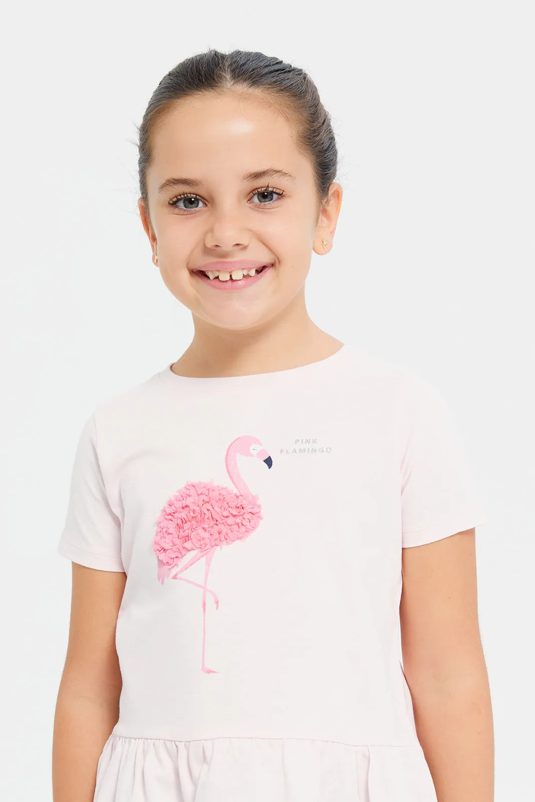 Girls Apricot Flamingo Embroidered T-Shirt