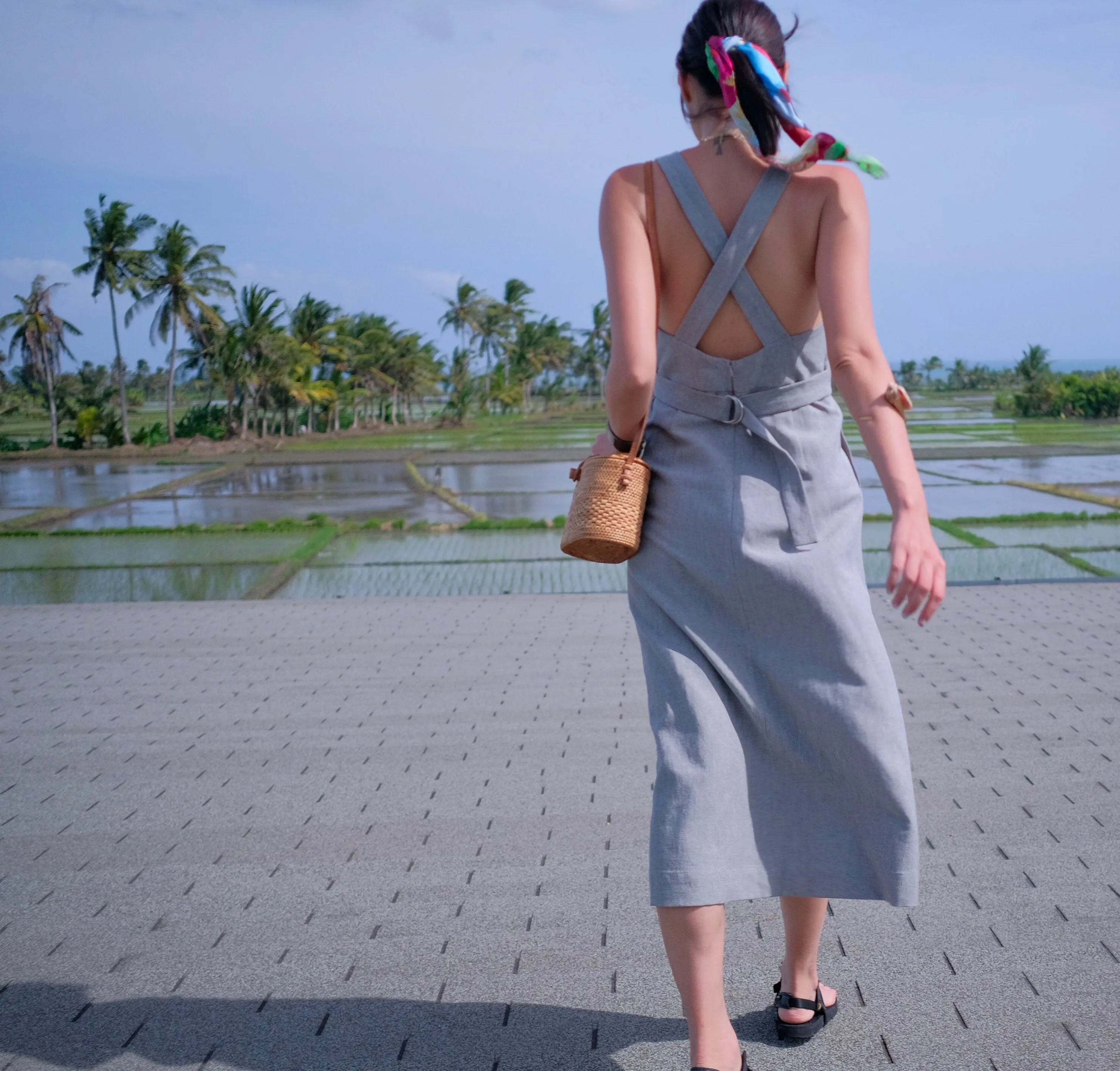 Grey Linen Cross Back Midi Dress