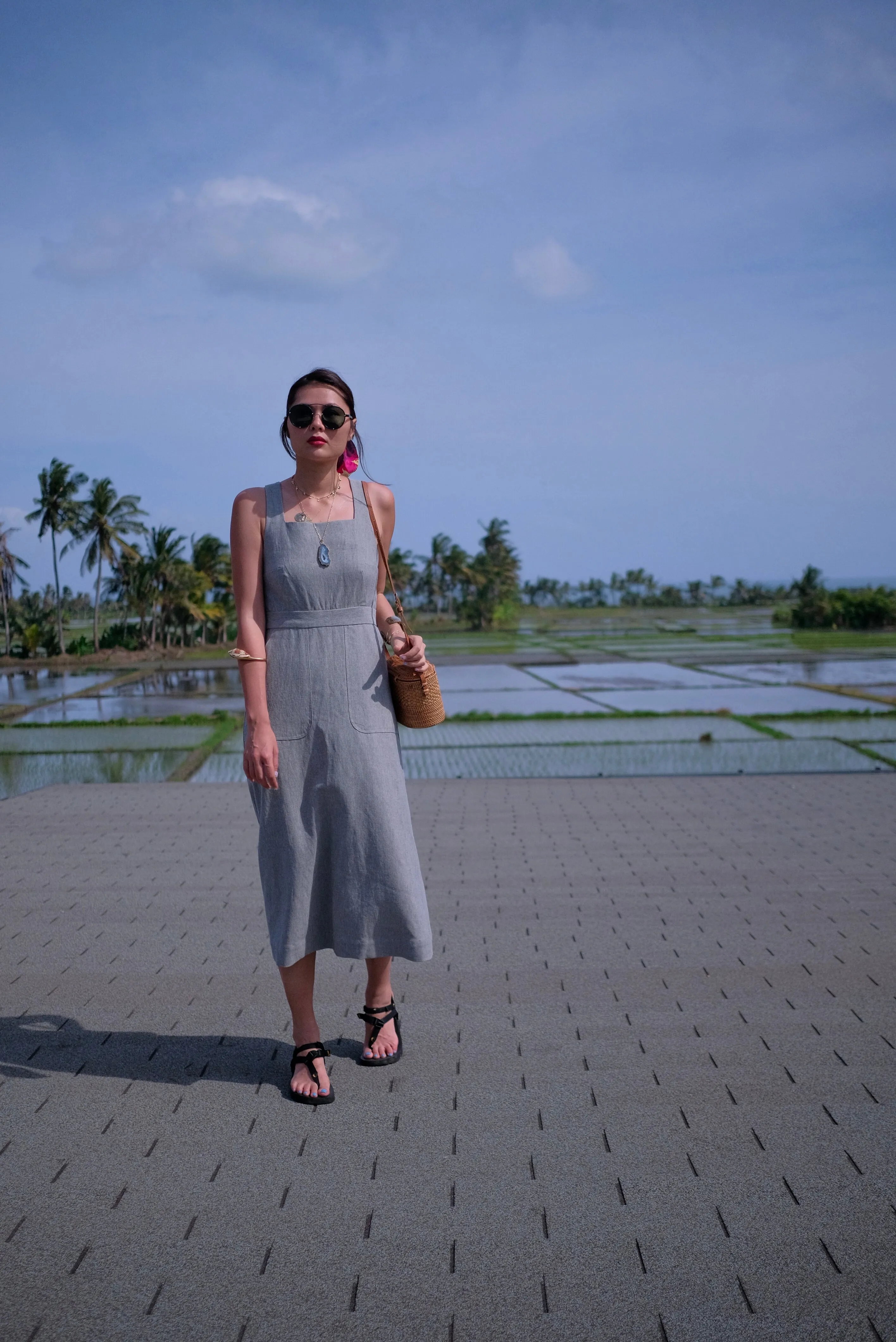 Grey Linen Cross Back Midi Dress