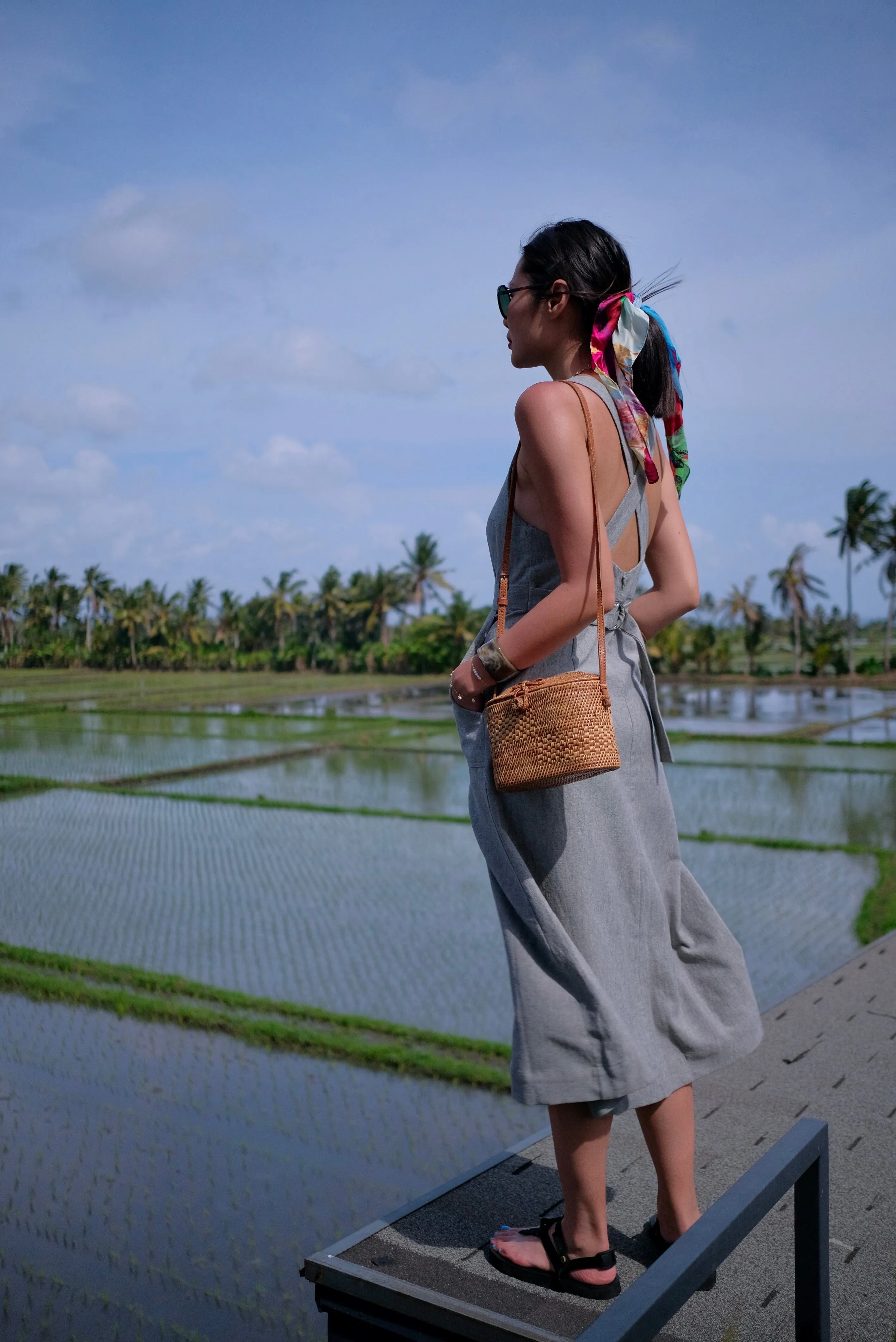 Grey Linen Cross Back Midi Dress