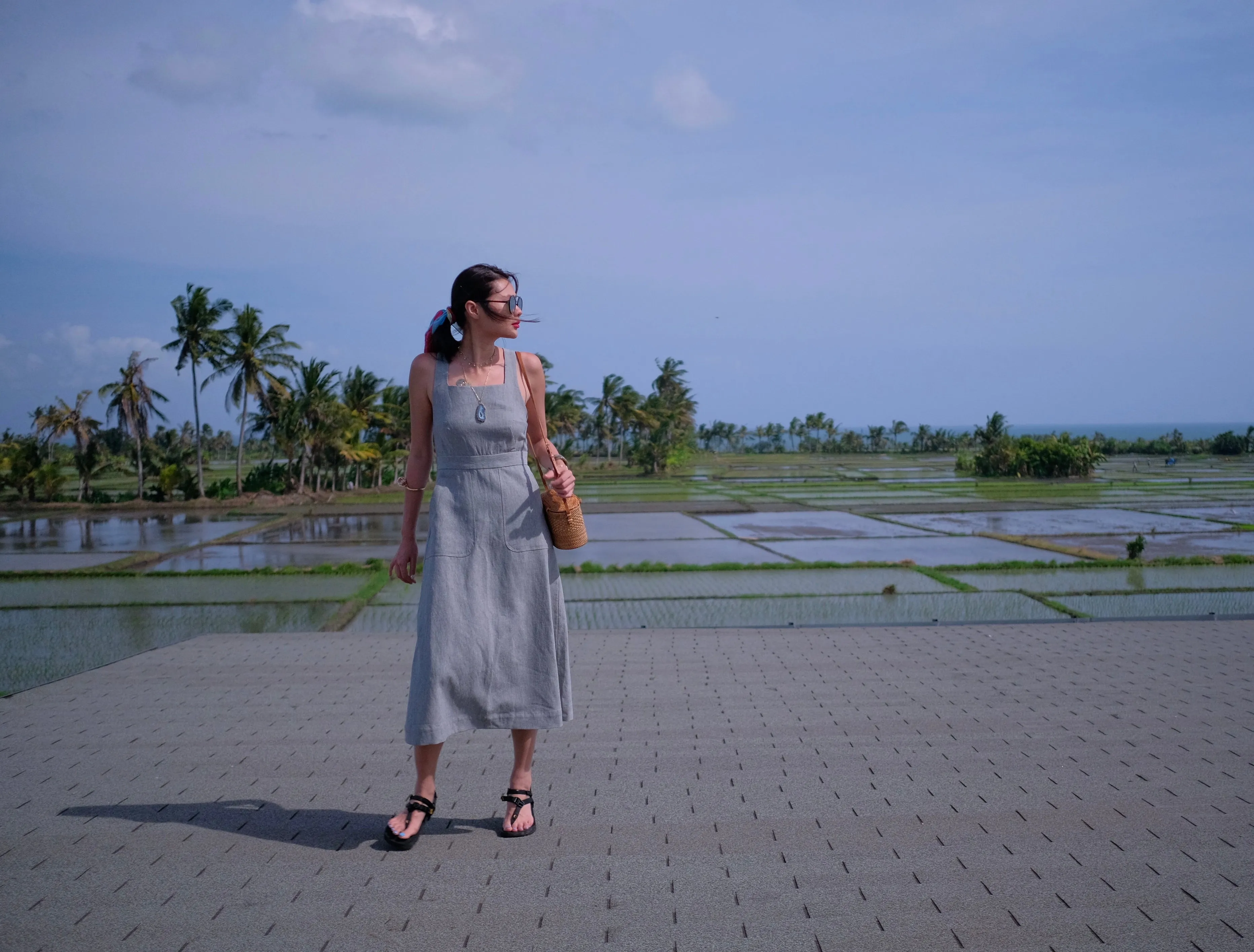 Grey Linen Cross Back Midi Dress