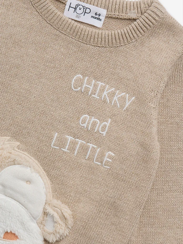 HOP Baby Beige Animal-Applique Detailed Cotton Sweater