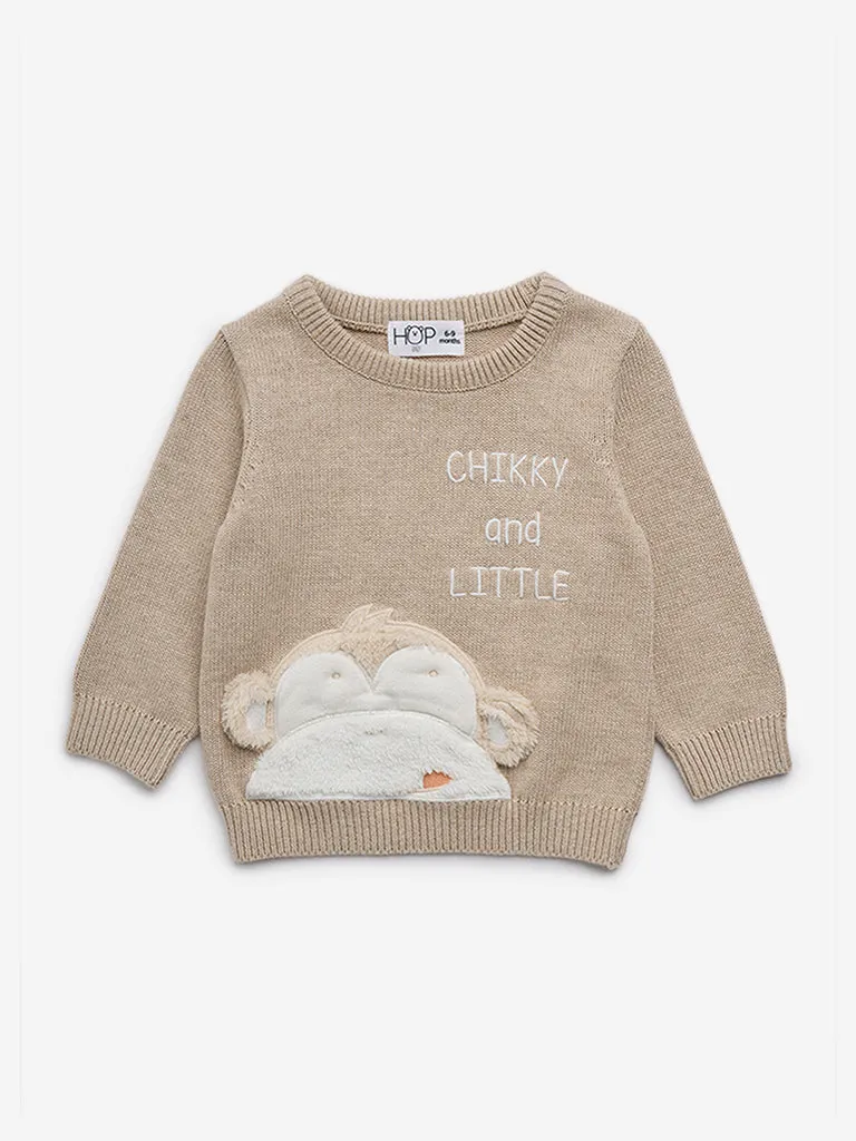 HOP Baby Beige Animal-Applique Detailed Cotton Sweater