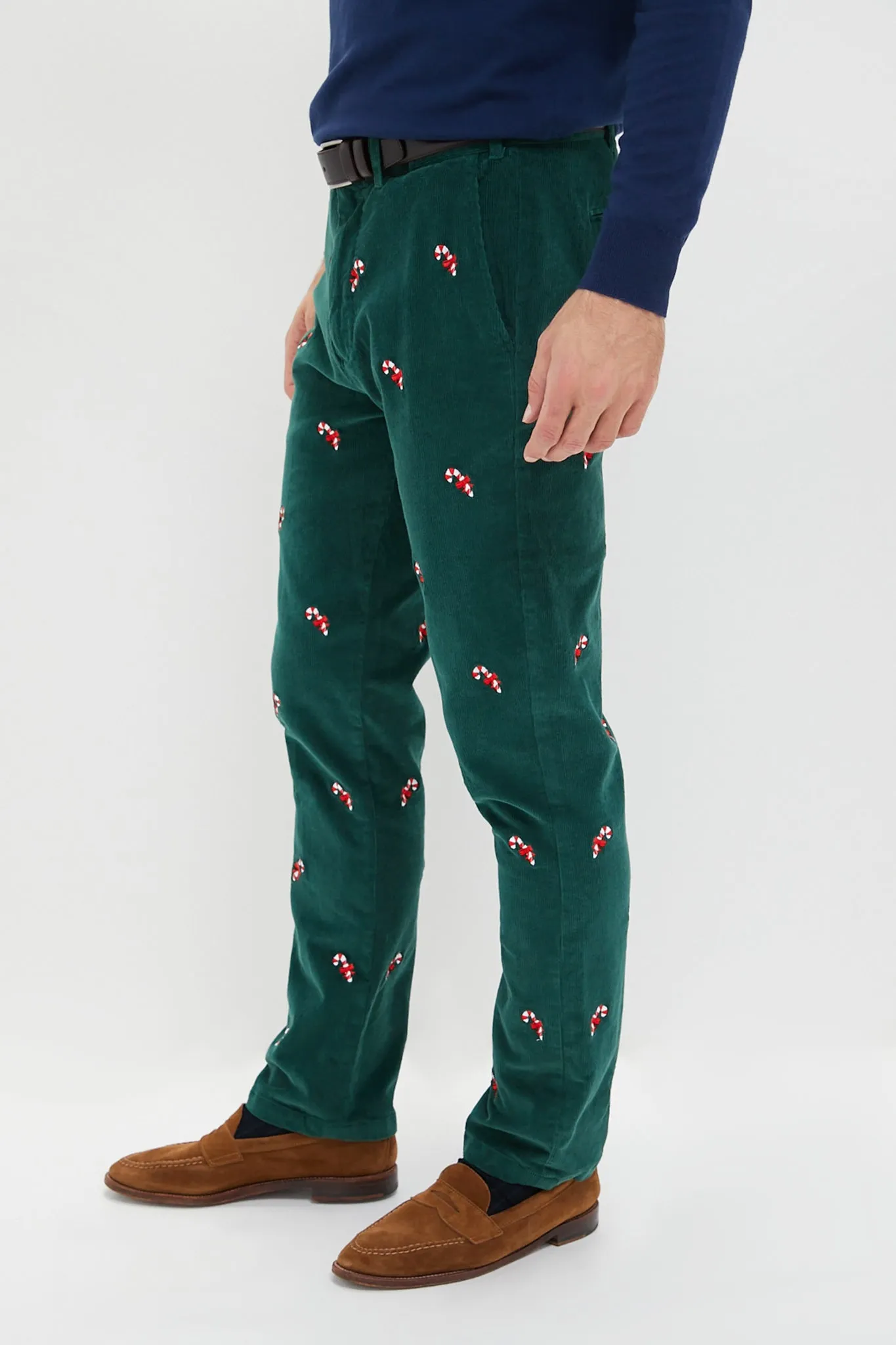 Hunter Green Candy Cane Embroidered Corduroy Pants (32 Inseam)