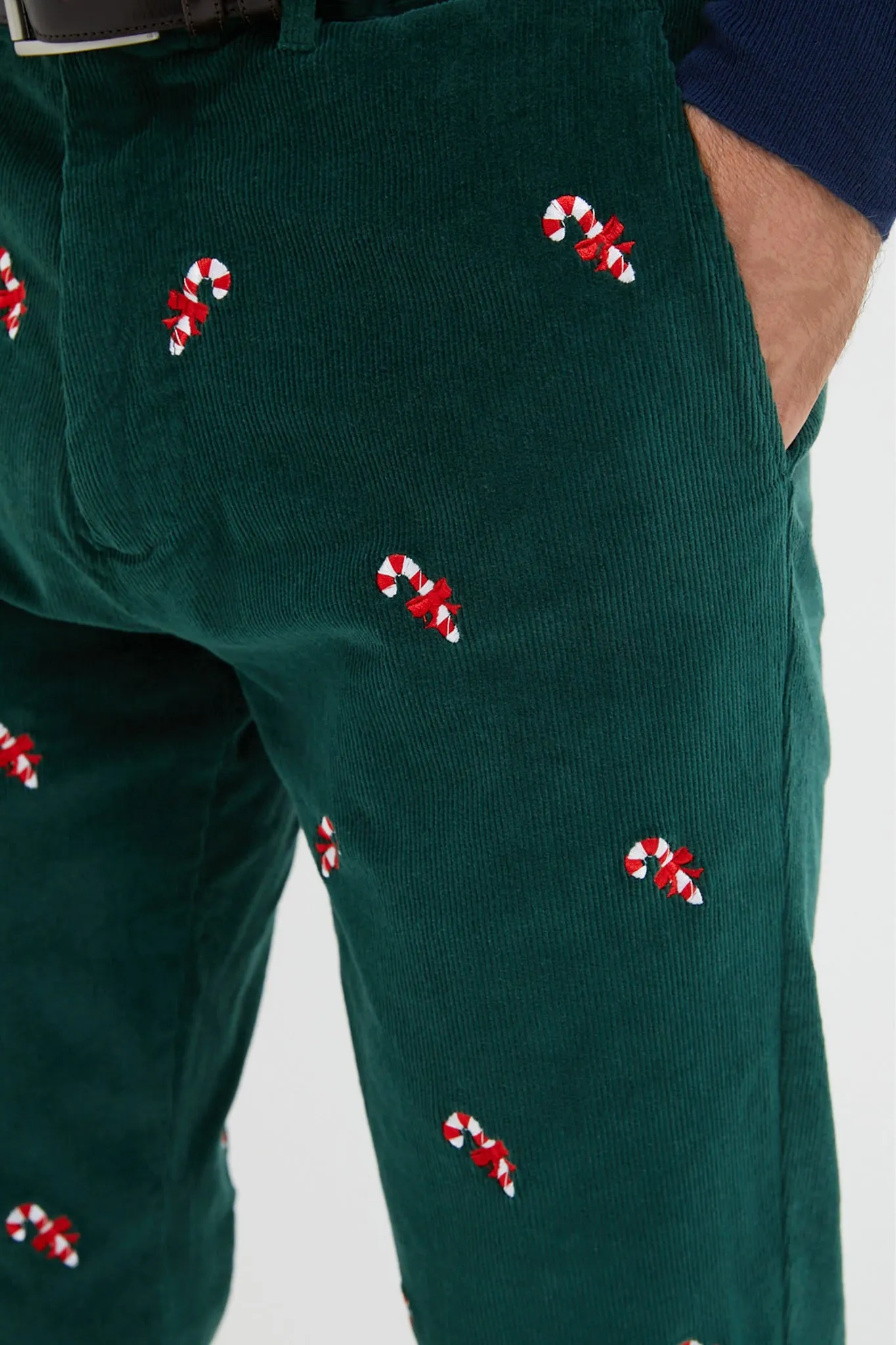 Hunter Green Candy Cane Embroidered Corduroy Pants (32 Inseam)