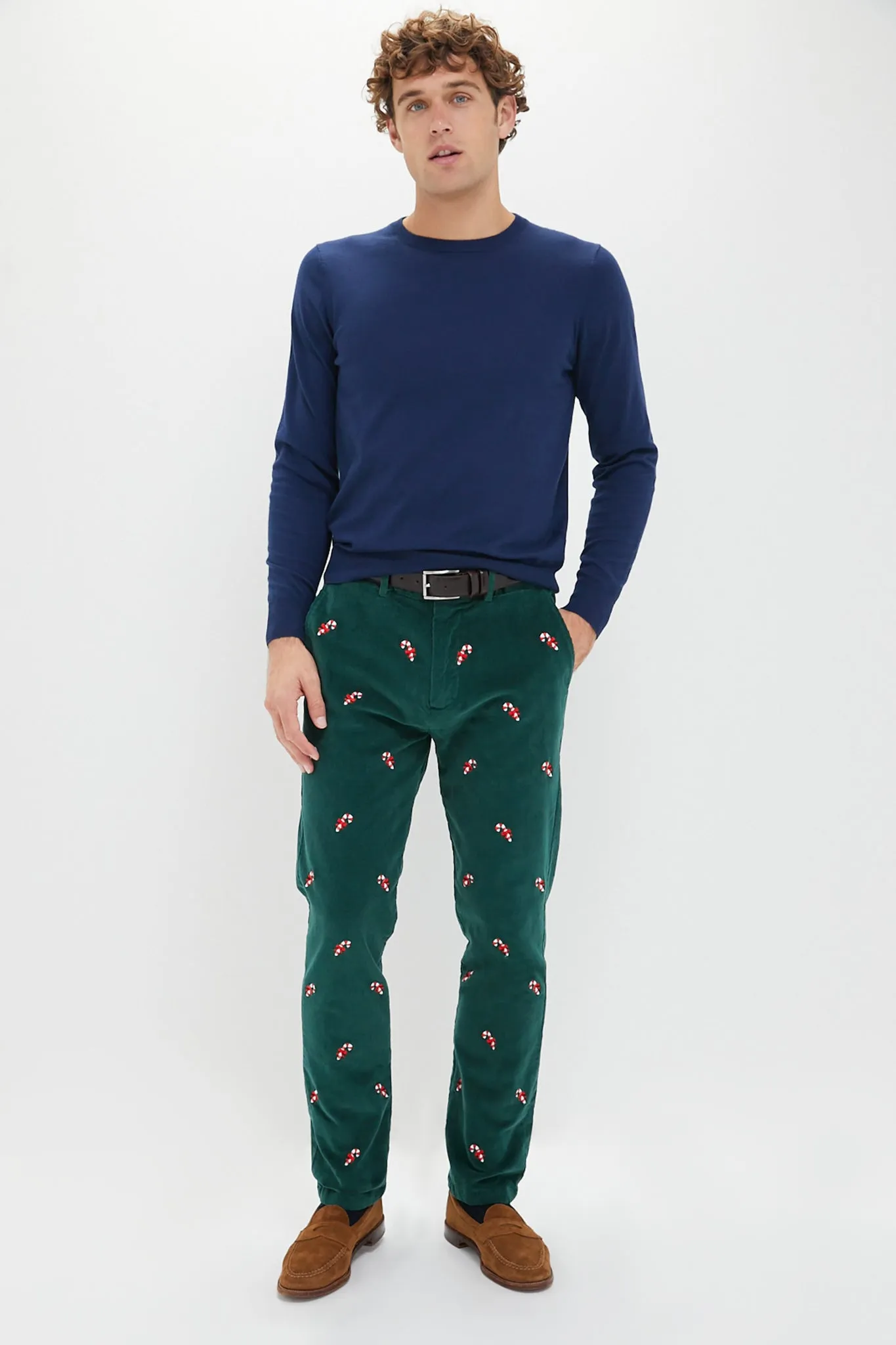 Hunter Green Candy Cane Embroidered Corduroy Pants (32 Inseam)