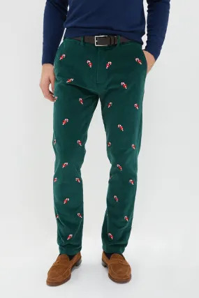 Hunter Green Candy Cane Embroidered Corduroy Pants (32 Inseam)